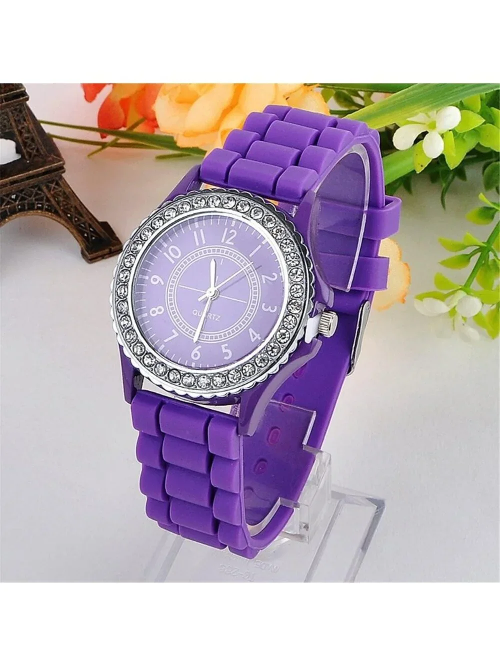 Women's Purple Analog Quartz Silicone Band Lady Digital Rhinestone Wrist Watch